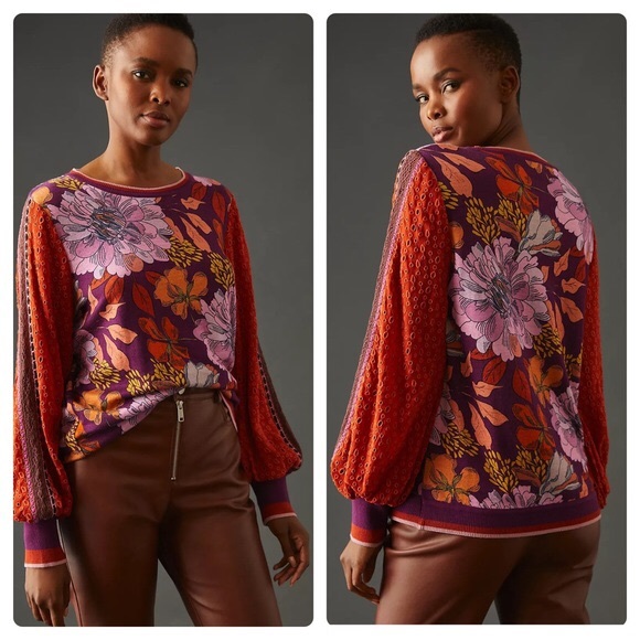 Anthropologie Sweaters - ANTHROPOLOGIE BL^NK LONDON Contrast Eyelet Pullover Floral Sweater Size Small